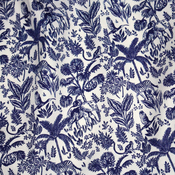 Tissu Toile de Jouy bleu forêt tropicale : cotonnade ou gabardine - OEKO - TEX - TissusPapi.com