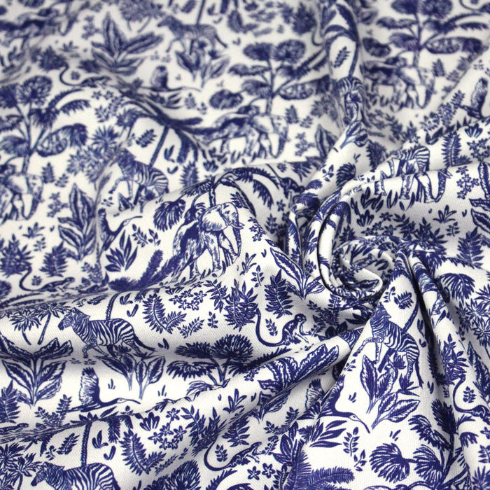 Tissu Toile de Jouy bleu forêt tropicale : cotonnade ou gabardine - OEKO - TEX - TissusPapi.com