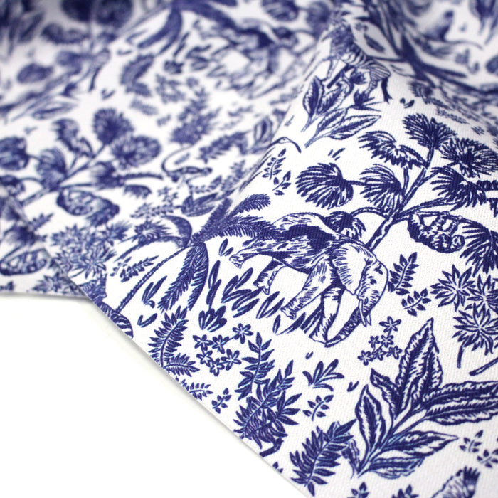 Tissu Toile de Jouy bleu forêt tropicale : cotonnade ou gabardine - OEKO - TEX - TissusPapi.com