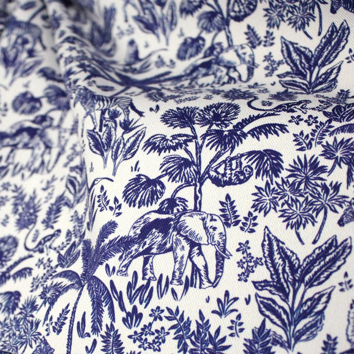 Tissu Toile de Jouy bleu forêt tropicale : cotonnade ou gabardine - OEKO - TEX - TissusPapi.com