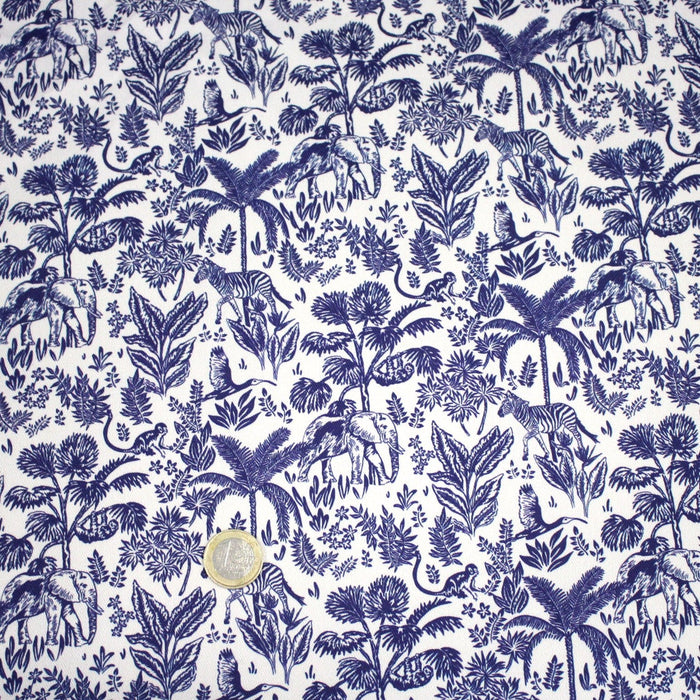 Tissu Toile de Jouy bleu forêt tropicale : cotonnade ou gabardine - OEKO - TEX - TissusPapi.com