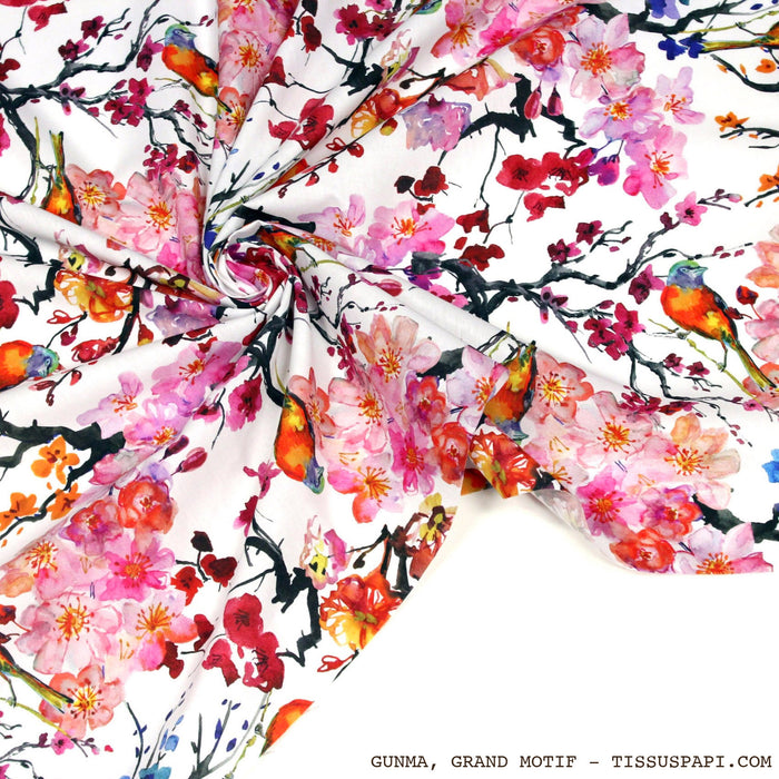 Tissu coton motif jardin japonais GUNMA aux oiseaux et fleurs de cerisier - OEKO - TEX - TissusPapi.com