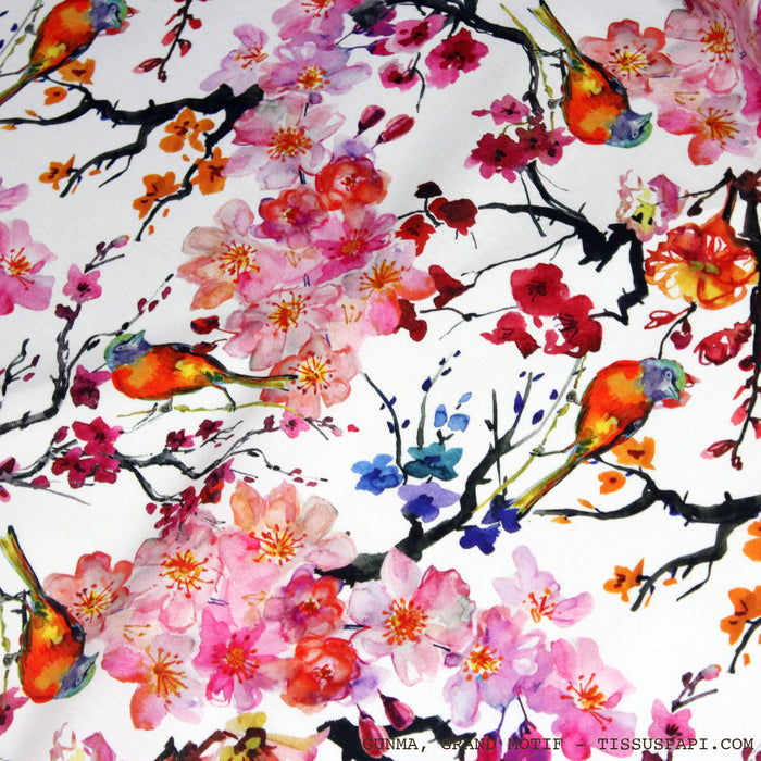Tissu coton motif jardin japonais GUNMA aux oiseaux et fleurs de cerisier - OEKO - TEX - TissusPapi.com