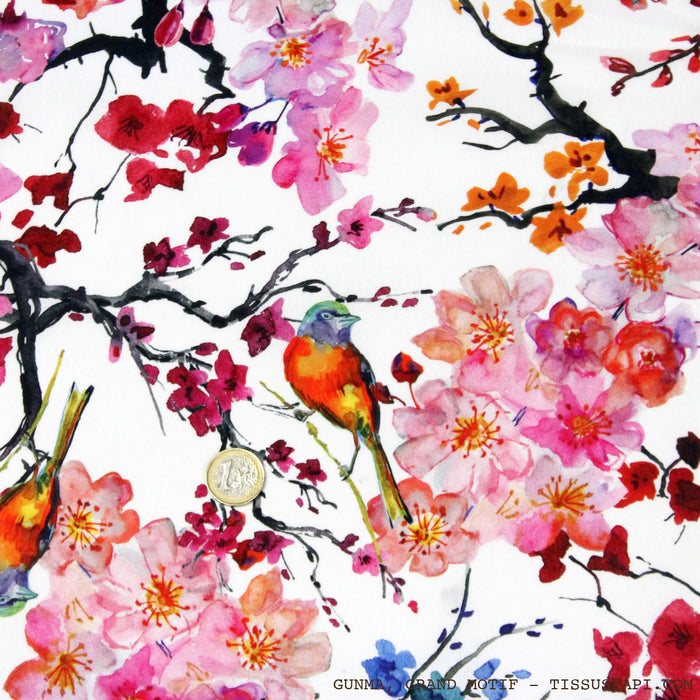 Tissu coton motif jardin japonais GUNMA aux oiseaux et fleurs de cerisier - OEKO - TEX - TissusPapi.com