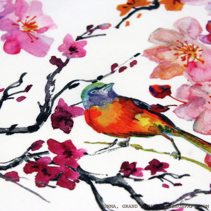 Tissu coton motif jardin japonais GUNMA aux oiseaux et fleurs de cerisier - OEKO - TEX - TissusPapi.com
