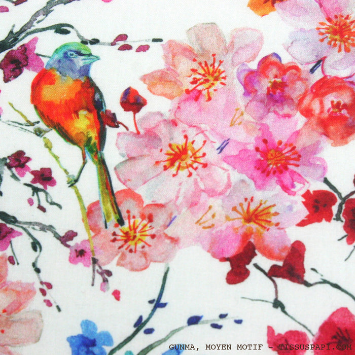 Tissu coton motif jardin japonais GUNMA aux oiseaux et fleurs de cerisier - OEKO - TEX - TissusPapi.com