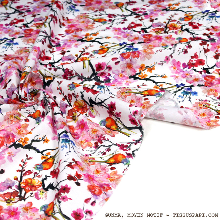 Tissu coton motif jardin japonais GUNMA aux oiseaux et fleurs de cerisier - OEKO - TEX - TissusPapi.com