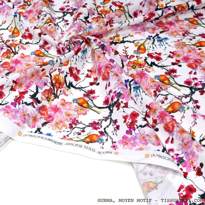 Tissu coton motif jardin japonais GUNMA aux oiseaux et fleurs de cerisier - OEKO - TEX - TissusPapi.com