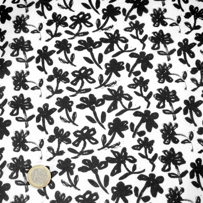 Tissu cotonnade aux fleurs japonaise & dessins à l'encre de Chine : rouge, noir, bleu - OEKO - TEX - TissusPapi.com