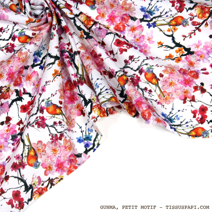 Tissu coton motif jardin japonais GUNMA aux oiseaux et fleurs de cerisier - OEKO - TEX - TissusPapi.com