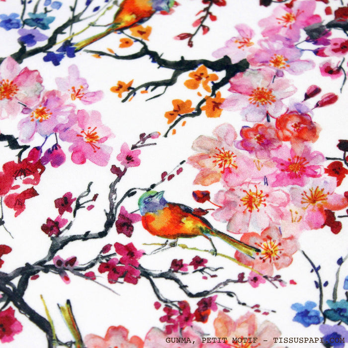 Tissu coton motif jardin japonais GUNMA aux oiseaux et fleurs de cerisier - OEKO - TEX - TissusPapi.com