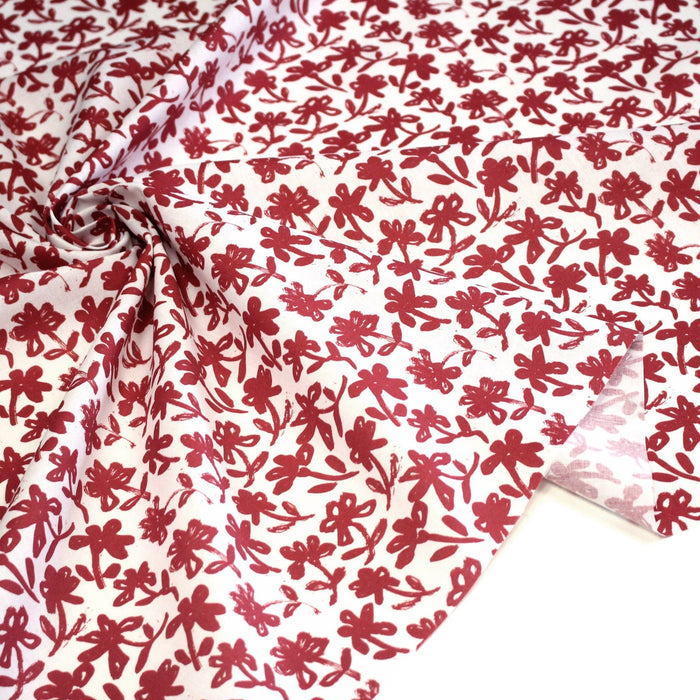 Tissu cotonnade aux fleurs japonaise & dessins à l'encre de Chine : rouge, noir, bleu - OEKO - TEX - TissusPapi.com