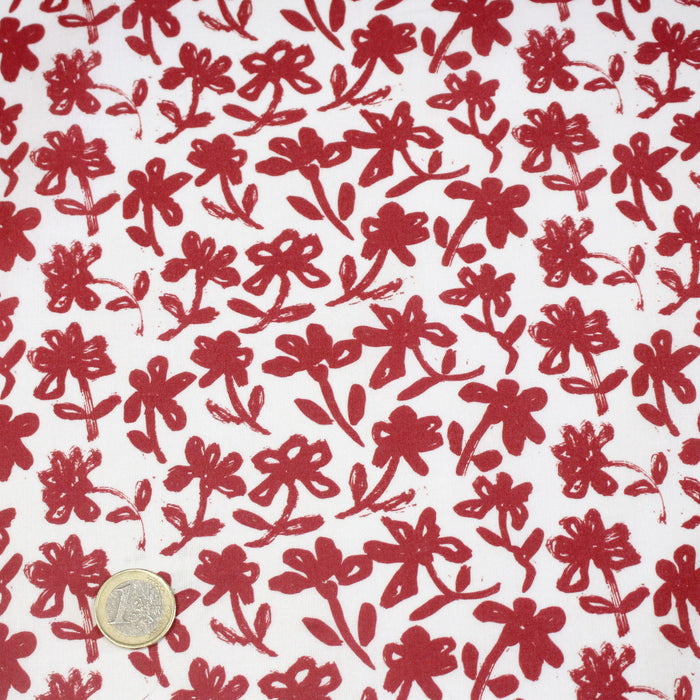 Tissu cotonnade aux fleurs japonaise & dessins à l'encre de Chine : rouge, noir, bleu - OEKO - TEX - TissusPapi.com