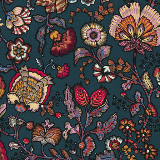 Tissu demi natté INDIENNES fleuri 100% coton, fond bleu pétrole - Collection Thevenon - TissusPapi.com