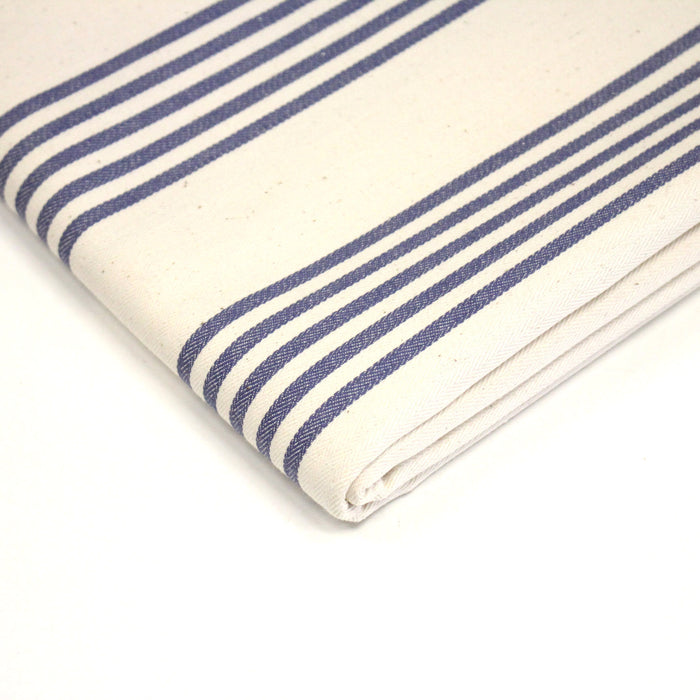 Tissu toile à matelas de coton LE TOUQUET écru aux rayures : bleu, rouge, noir, gris, sable - TissusPapi.com
