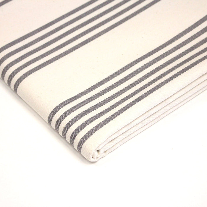 Tissu toile à matelas de coton LE TOUQUET écru aux rayures : bleu, rouge, noir, gris, sable - TissusPapi.com