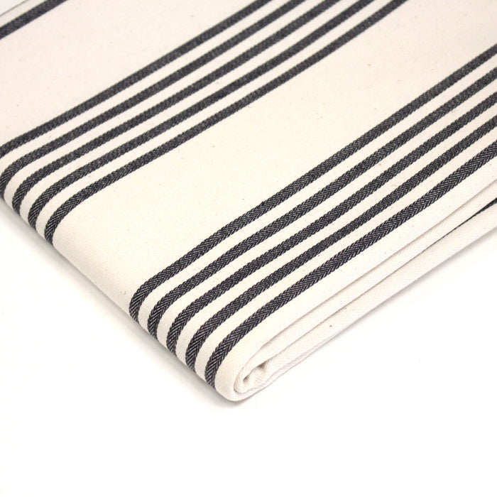 Tissu toile à matelas de coton LE TOUQUET écru aux rayures : bleu, rouge, noir, gris, sable - TissusPapi.com