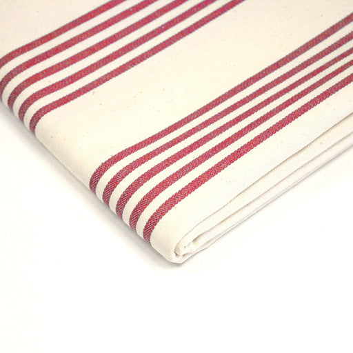 Tissu toile à matelas de coton LE TOUQUET écru aux rayures : bleu, rouge, noir, gris, sable - TissusPapi.com