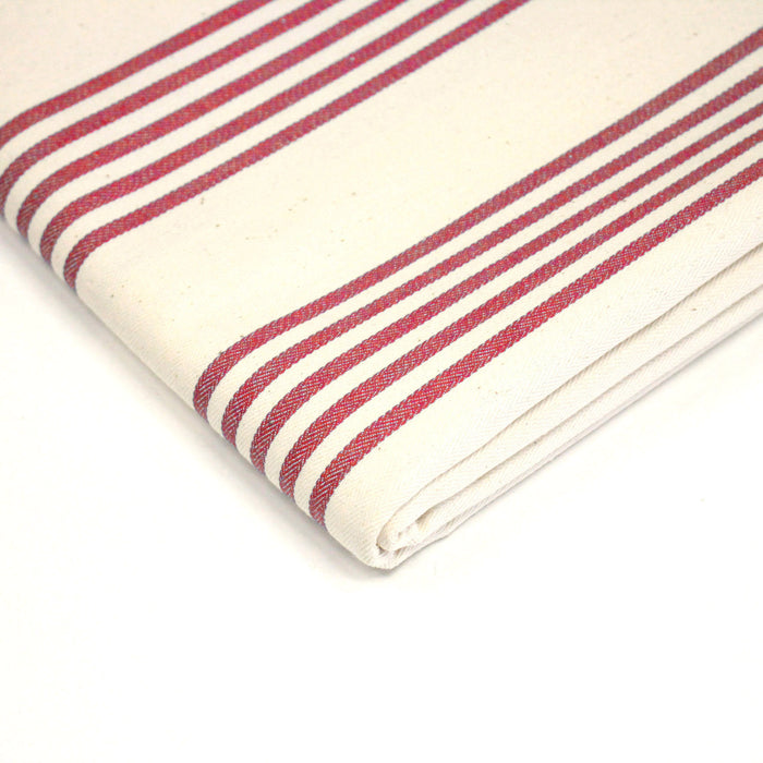 Tissu toile à matelas de coton LE TOUQUET écru aux rayures : bleu, rouge, noir, gris, sable - TissusPapi.com
