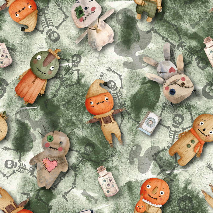 Tissu de coton Citrouilles, épouvantail et poupées vaudou - Collection Halloween - OEKO-TEX®