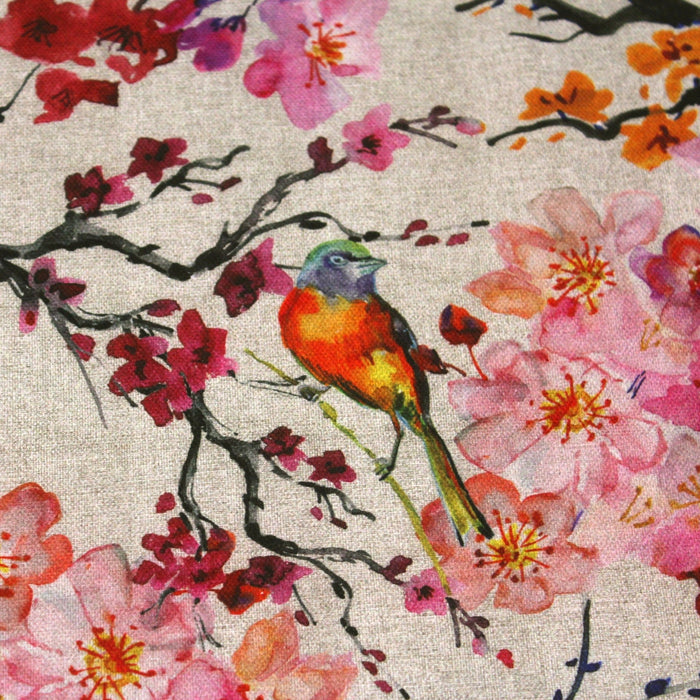 Tissu coton motif jardin japonais GUNMA aux oiseaux et fleurs de cerisier, fond lin - OEKO - TEX - TissusPapi.com
