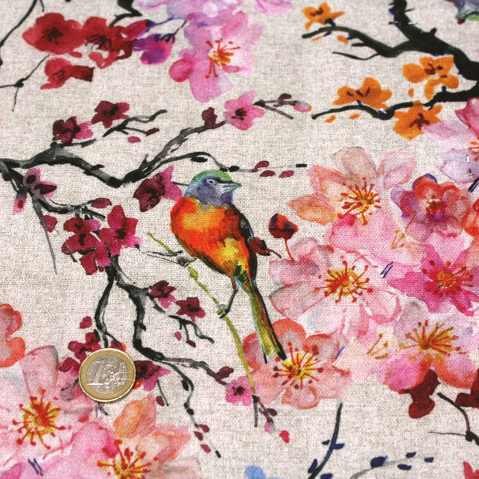 Tissu coton motif jardin japonais GUNMA aux oiseaux et fleurs de cerisier, fond lin - OEKO - TEX - TissusPapi.com