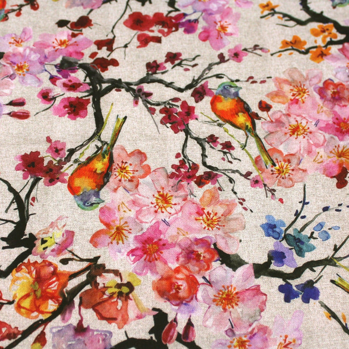 Tissu coton motif jardin japonais GUNMA aux oiseaux et fleurs de cerisier, fond lin - OEKO - TEX - TissusPapi.com