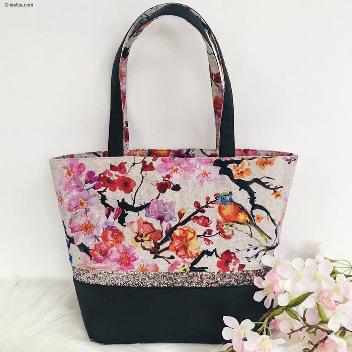 Tissu coton motif jardin japonais GUNMA aux oiseaux et fleurs de cerisier, fond lin - OEKO - TEX - TissusPapi.com