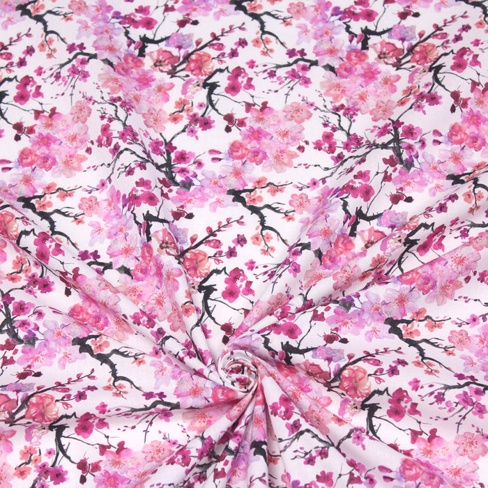 Tissu popeline de coton japonais SAKURA ROSE : jardin japonais aux fleurs de cerisier roses & fuchsia