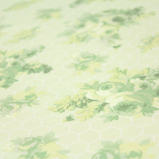 Tissu popeline coton WIMBLEDON, fond nid d'abeille & fleurs vert pistache, motif britannique - TissusPapi.com