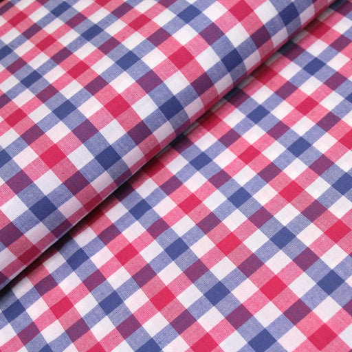 Tissu popeline de coton VICHY bleu, blanc & rose fuchsia à carreaux 9mm - TissusPapi.com