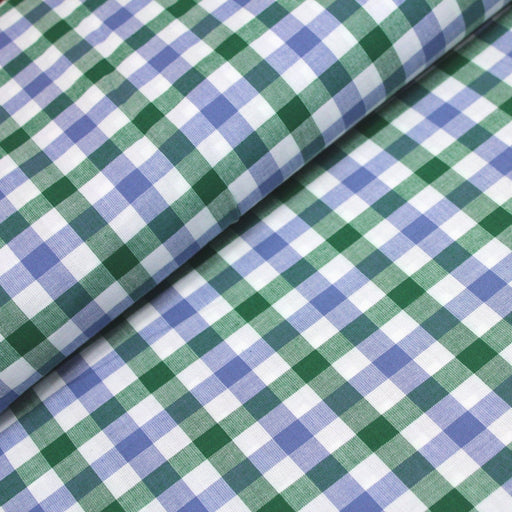 Tissu popeline de coton VICHY bleu, blanc & vert à carreaux 13mm - TissusPapi.com