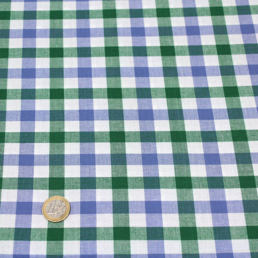 Tissu popeline de coton VICHY bleu, blanc & vert à carreaux 13mm - TissusPapi.com