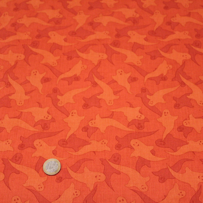 Tissu popeline de coton aux fantômes orange, fond orange - COLLECTION HALLOWEEN - TissusPapi.com