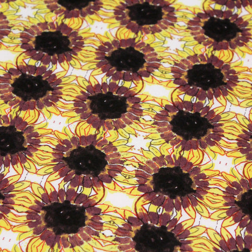 Tissu popeline de coton fleuri blanc aux tournesols jaunes & marron - tissuspapi
