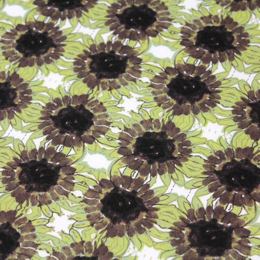 Tissu popeline de coton fleuri blanc aux tournesols vert pistache & marron - TissusPapi.com