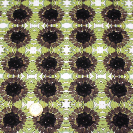 Tissu popeline de coton fleuri blanc aux tournesols vert pistache & marron - TissusPapi.com
