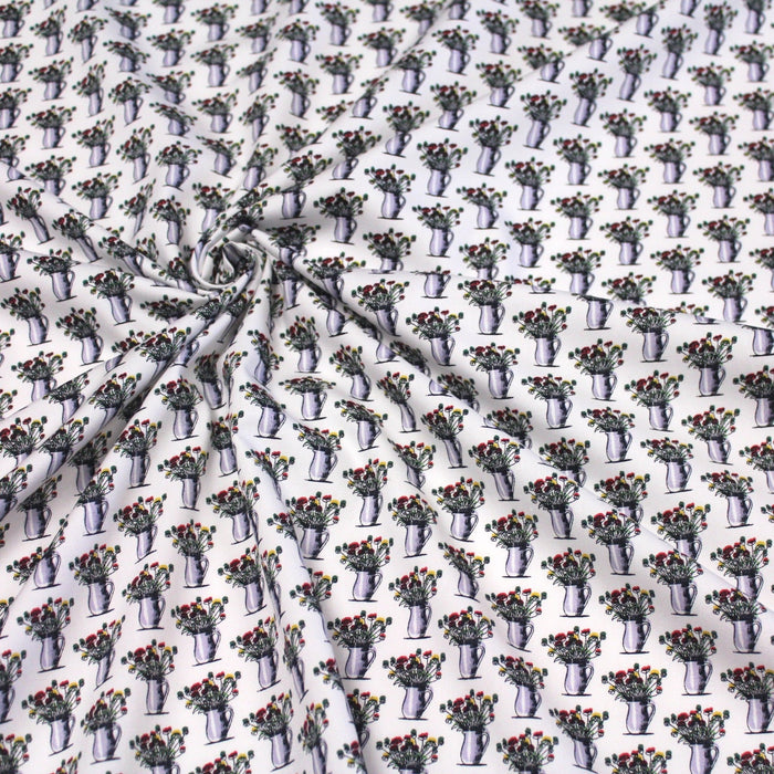 Tissu popeline de coton aux fleurs en pot, fond blanc - TissusPapi.com