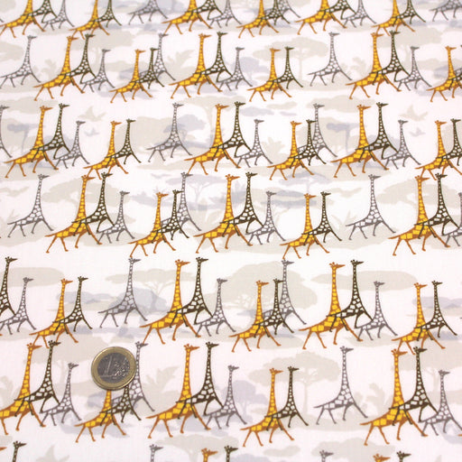 Tissu popeline de coton aux girafes jaunes & baobab, fond blanc - Oeko-Tex - tissuspapi