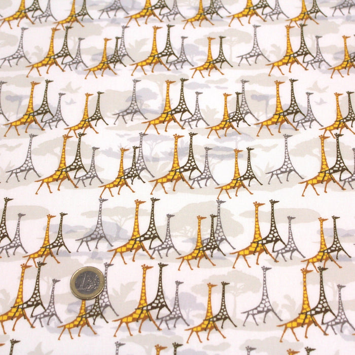 Tissu popeline de coton aux girafes jaunes & baobab, fond blanc - TissusPapi.com