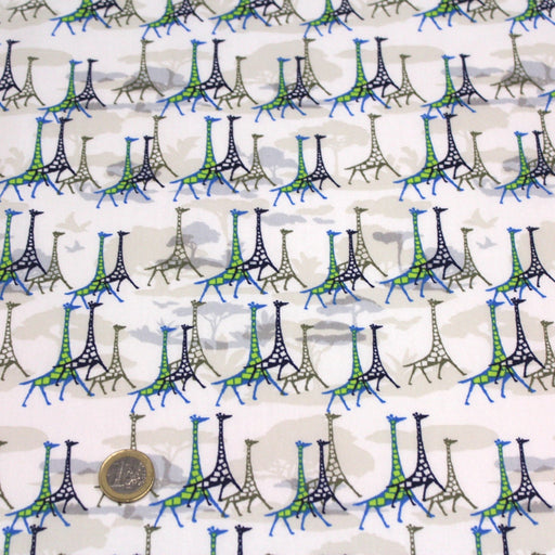 Tissu popeline de coton aux girafes bleues & baobab, fond blanc - TissusPapi.com
