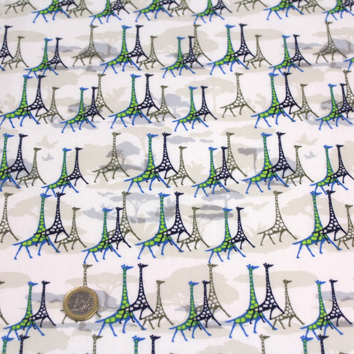Tissu popeline de coton aux girafes bleues & baobab, fond blanc - TissusPapi.com