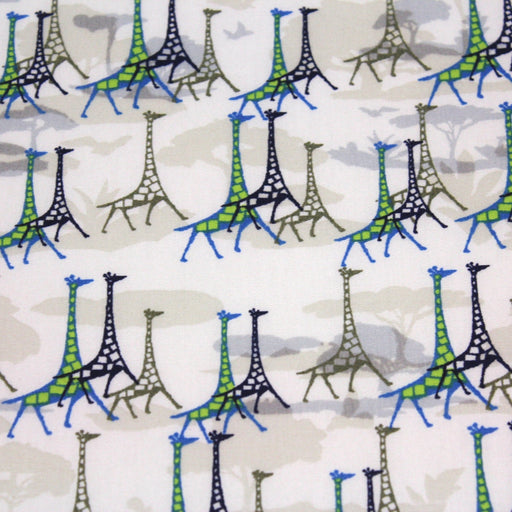 Tissu popeline de coton aux girafes bleues & baobab, fond blanc - TissusPapi.com