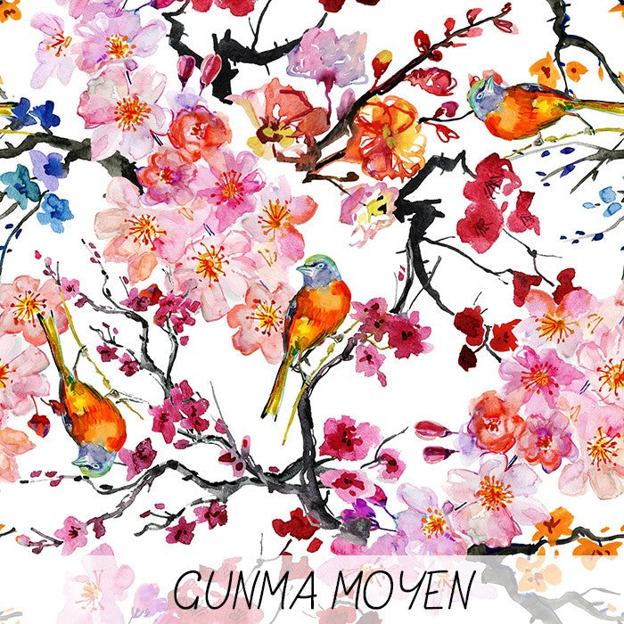 Tissu popeline de coton motif jardin japonais GUNMA MOYEN aux oiseaux et fleurs de cerisier - tissuspapi