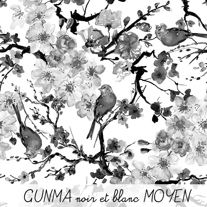 Tissu cotonnade motif jardin japonais GUNMA aux oiseaux et fleurs de cerisier noir et blanc - TissusPapi.com