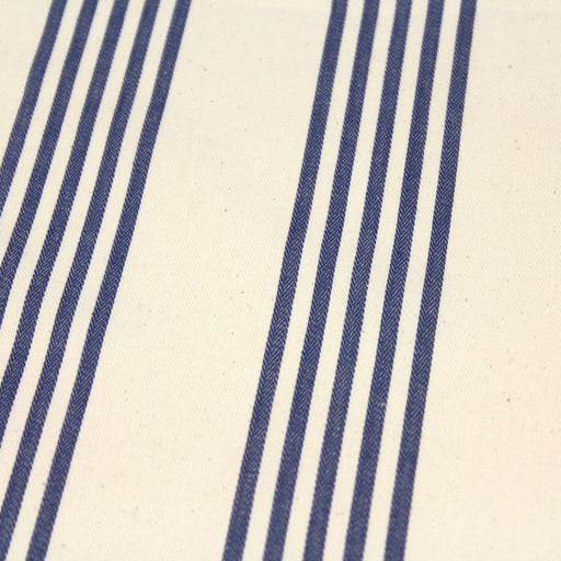 Tissu toile à matelas de coton LE TOUQUET aux rayures bleues, fond écru