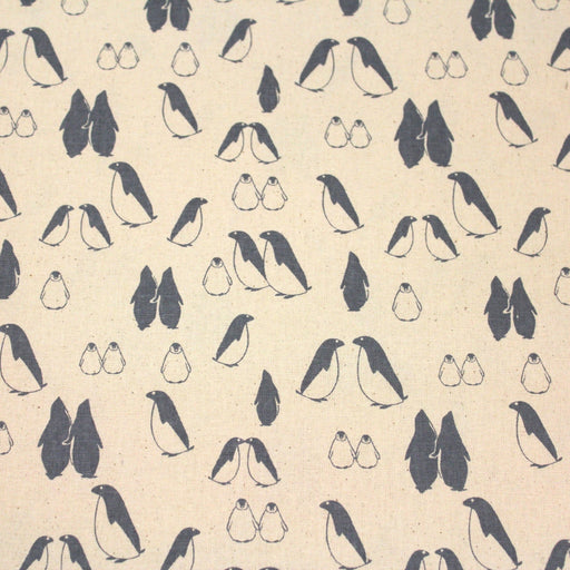 Tissu de coton de Noël scandinave aux pingouins gris - bleu, fond écru - TissusPapi.com
