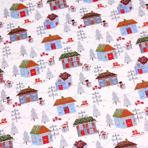 Tissu popeline de coton de Noël aux petites maisons & bonshommes de neige, fond blanc - tissuspapi
