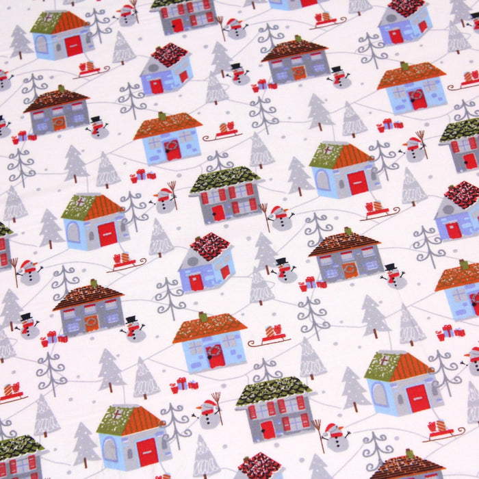 Tissu popeline de coton de Noël aux petites maisons & bonshommes de neige, fond blanc - TissusPapi.com