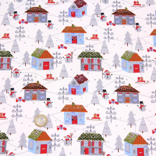 Tissu popeline de coton de Noël aux petites maisons & bonshommes de neige, fond blanc - TissusPapi.com